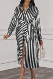 Coffee Elegant Striped Bandage Patchwork Buckle Turndown Collar Long Dresses