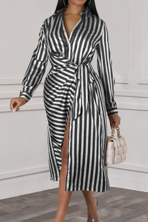 Black White Elegant Striped Bandage Patchwork Buckle Turndown Collar Long Dresses