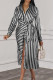 Black White Elegant Striped Bandage Patchwork Buckle Turndown Collar Long Dresses