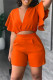 Orange Casual Solid Flounce V Neck Short Sleeve Two Pieces