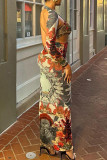 Red Elegant Print Hollowed Out Patchwork High Opening Asymmetrical Collar Long Dresses