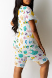 White Casual Print Patchwork O Neck Short Sleeve Two Pieces