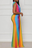 Gradient Color Sexy Print Patchwork Fold V Neck Long Dresses