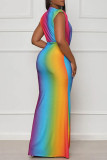 Gradient Color Sexy Print Patchwork Fold V Neck Long Dresses