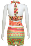 Green Street Print Bandage Hollowed Out Patchwork Halter Sleeveless Two Pieces