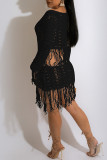 White Casual Solid Tassel See-through V Neck Dresses