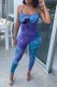 Blue Sexy Street Print Tie Dye Backless Letter Spaghetti Strap Jumpsuits