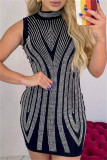 Black Casual Patchwork Hot Drill Half A Turtleneck Wrapped Skirt Dresses