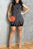 Black Casual Patchwork Hot Drill Half A Turtleneck Wrapped Skirt Dresses
