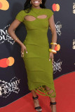 Green Street Solid Hollowed Out Patchwork O Neck Long Dresses