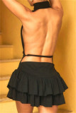 Black Sexy Solid Patchwork Backless Halter Sleeveless Dresses