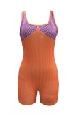 Orange Red Casual Print Patchwork U Neck Skinny Rompers