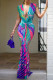 Green Sexy Print Patchwork Fold V Neck Long Dresses