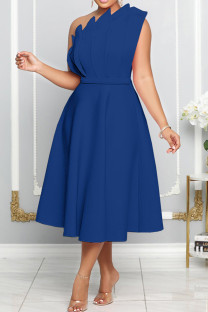Blue Elegant Solid Patchwork Fold Oblique Collar A Line Dresses