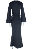 Black Casual Solid Hollowed Out Frenulum V Neck Long Dresses