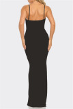 Black Sexy Patchwork Hot Drilling Backless Spaghetti Strap Long Dresses