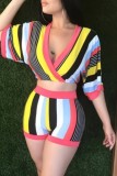 Red Casual Striped Print Patchwork V Neck Half Sleeve Two Pieces