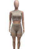 Khaki Street Solid Tassel Hollowed Out Patchwork See-through O Neck Sleeveless Two Pieces