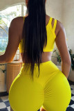 Yellow Casual Solid Backless Spaghetti Strap Sleeveless Two Pieces