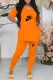 Tangerine Red Casual Street Print Letter V Neck Short Sleeve Two Pieces