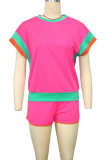 Rose Red Casual Patchwork Contrast O Neck Short Sleeve Two Pieces