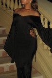 Black Casual Solid Hollowed Out Frenulum V Neck Long Dresses