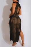 Gold Sexy Solid Hollowed Out See-through Slit O Neck Beach Dresses