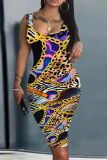 Green Casual Print Basic U Neck Vest Dresses