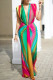 Green Blue Sexy Print Patchwork Fold V Neck Long Dresses