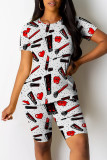White Casual Print Patchwork O Neck Short Sleeve Two Pieces