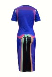 Blue Casual Print Basic O Neck Short Sleeve Short Sleeve Dress