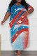 Blue Red Casual Print Slit O Neck Long Plus Size Dresses