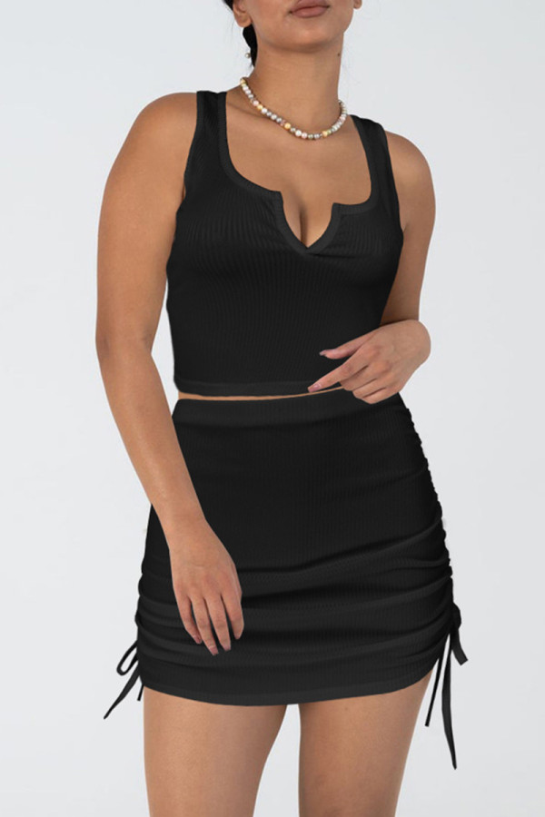 Black Sweet Solid Patchwork Draw String Fold Asymmetrical Collar Sleeveless Two Pieces