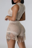 Khaki Street Solid Tassel Hollowed Out Patchwork See-through O Neck Sleeveless Two Pieces