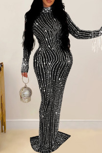 Black Sexy Tassel Patchwork Backless Slit Hot Drill Zipper Turtleneck Long Dresses