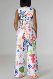 White Casual Print Buttons V Neck Sleeveless Two Pieces