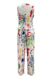 White Casual Print Buttons V Neck Sleeveless Two Pieces