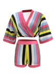Red Casual Striped Print Patchwork V Neck Half Sleeve Two Pieces