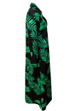 Green Street Print Patchwork Buttons High Opening Turndown Collar Long Dresses
