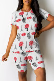 White Casual Print Patchwork O Neck Short Sleeve Two Pieces
