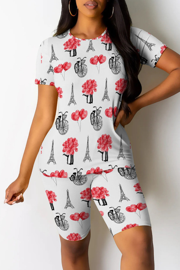 White Casual Print Patchwork O Neck Short Sleeve Two Pieces