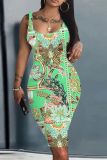 Green Casual Print Basic U Neck Vest Dresses