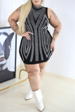 Black Casual Patchwork Hot Drill Half A Turtleneck Wrapped Skirt Dresses