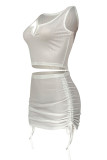 Blue Sweet Solid Patchwork Draw String Fold Asymmetrical Collar Sleeveless Two Pieces
