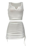 Blue Sweet Solid Patchwork Draw String Fold Asymmetrical Collar Sleeveless Two Pieces
