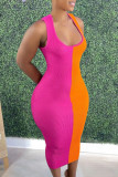 Pink Casual Print Patchwork U Neck Pencil Skirt Dresses