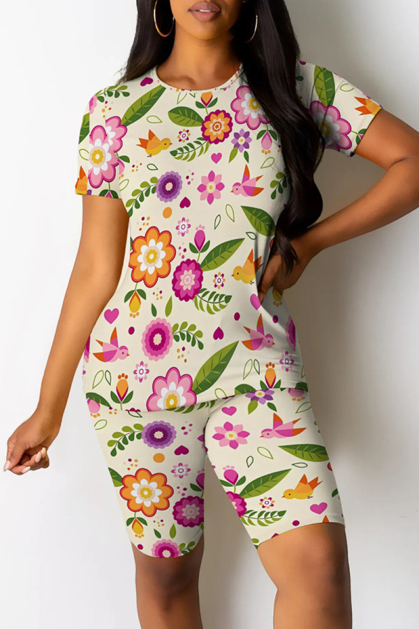 Apricot Casual Print Patchwork O Neck Short Sleeve Two Pieces