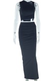 Black Casual Solid Fold Oblique Collar Sleeveless Two Pieces