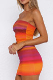 Colour Sexy Gradient Patchwork Backless Fold Strapless Wrapped Skirt Dresses