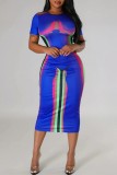 Blue Casual Print Basic O Neck Short Sleeve Short Sleeve Dress